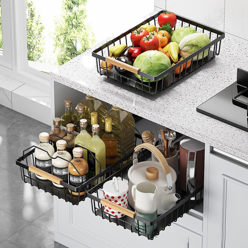 Sturdy Slide-Out Black Storage Basket - Easy Carry Pull-Out Cabinet Organizer with 2 Iron Wires - Durable Mesh Drawer Shelf for Kitchen or Pantry