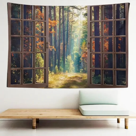 Autumn Forest Window View Tapestry, 37×29 Inches, 3D Scenic Wall Hanging for Bedroom Living Room Decor