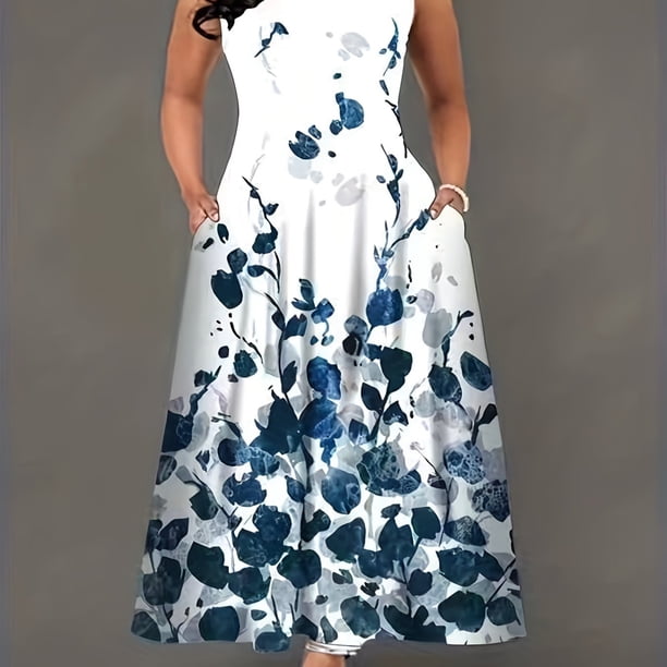 Vestido Sin Mangas Informal De Talla Grande, Vestido Largo Sin Mangas Elástico Medio Con Bolsillos Y Cuello Redondo Con Estampado De Hojas Grandes Para Mujer