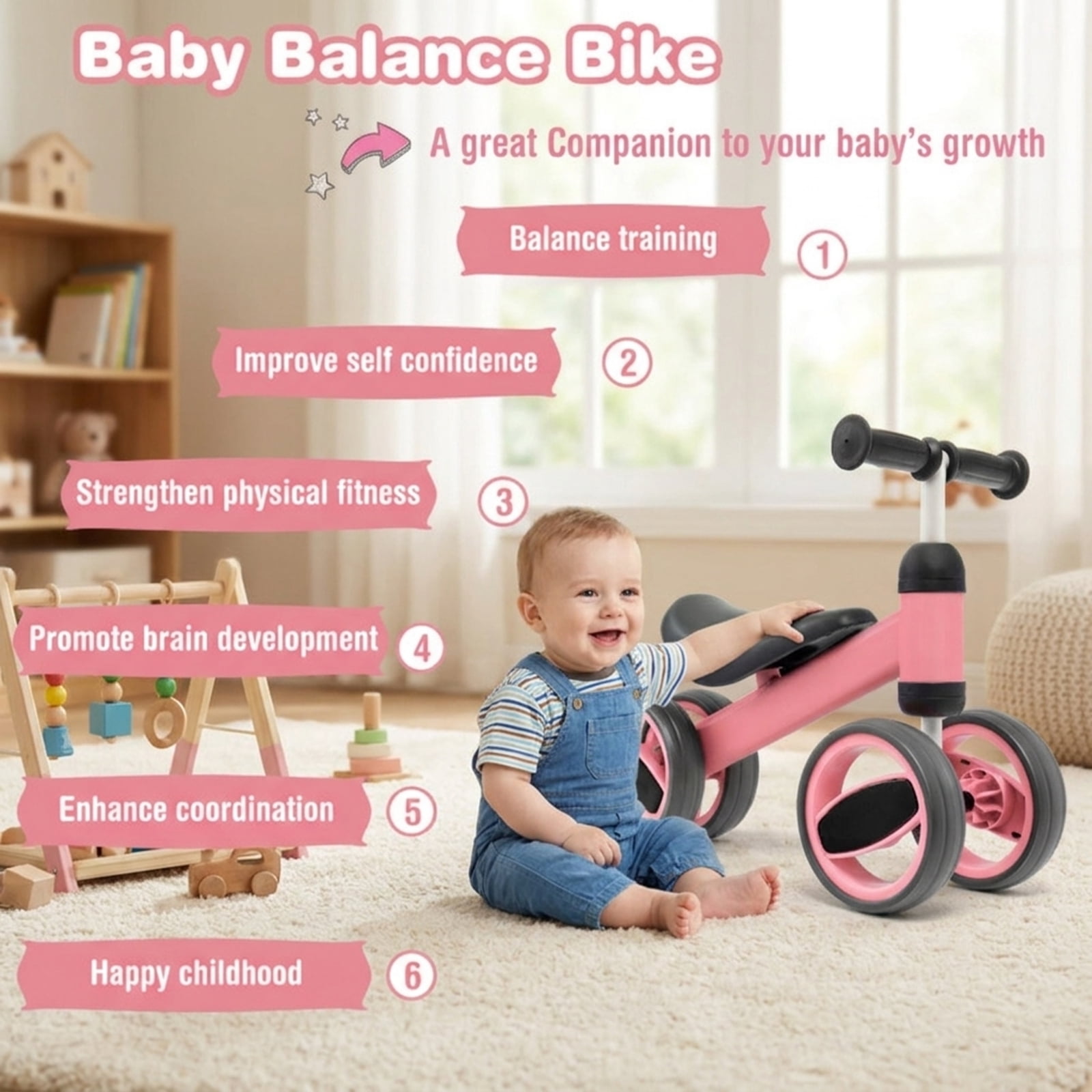 Redsmile Baby Balance Bike for 1-2 Year Olds, 4 Wheel No Pedal Toddler Training Bike, Lightweight First Balance Bike, Pink