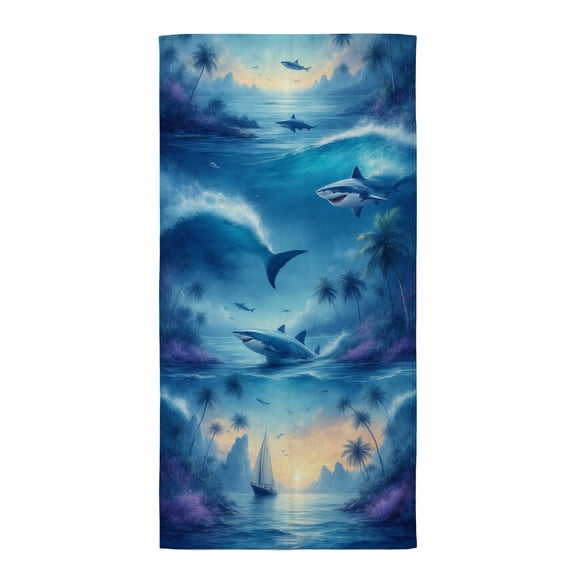 Shark beach towels A painting of sharks swimming in the ocean with a sailboat in the foreground. fast drying beach towel over sized beach towel microfiber beach towel shark themed gifts