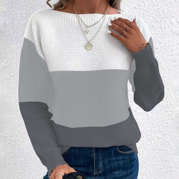 Suéter de cuello redondo para mujer, suéter de punto con empalme de color en contraste, cuello redondo, manga larga, blusa para mujer