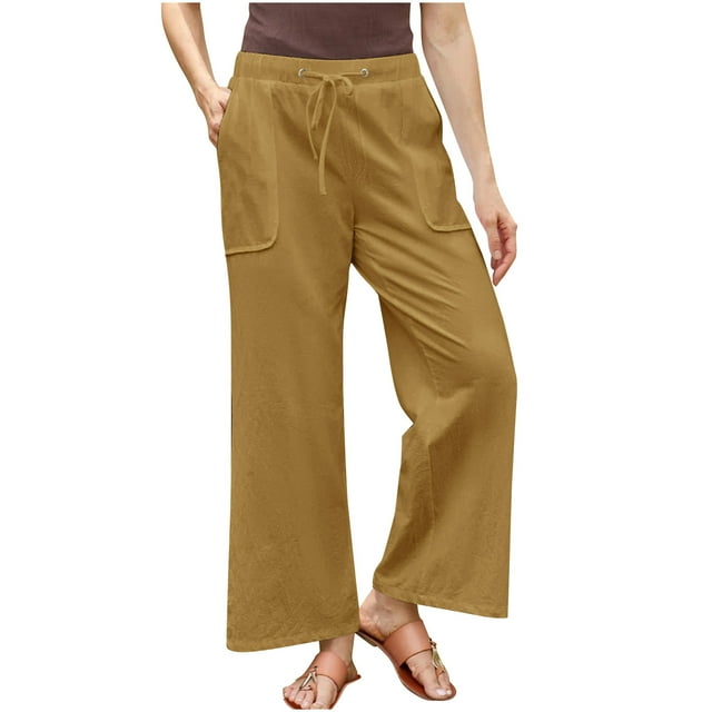 Plebaso Cotton Linen Pants for Women Wide Leg Solid Color Casual Pants Drawstring Loose Palazzo Trousers