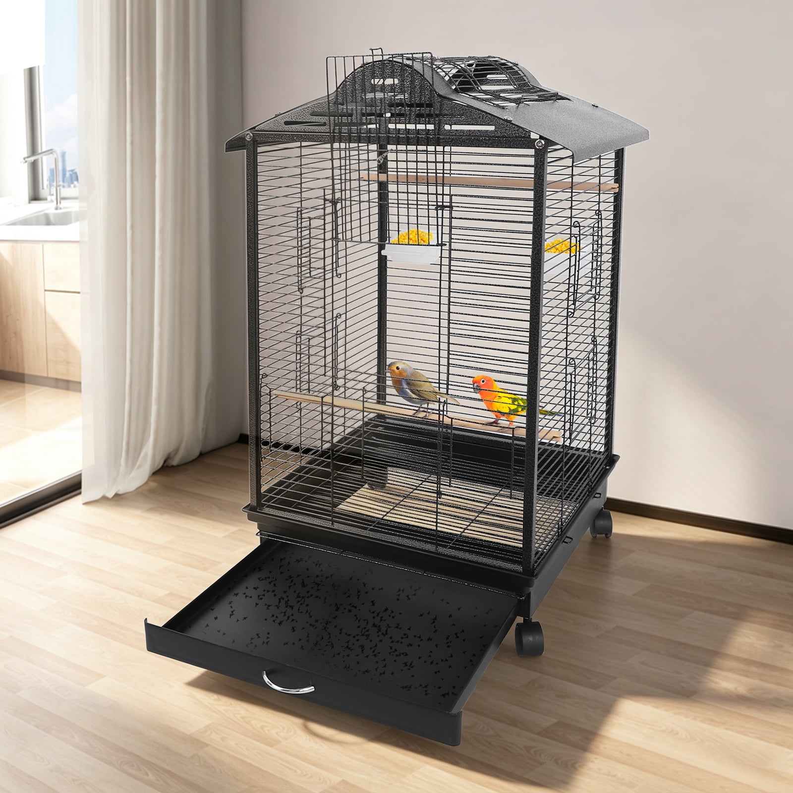 Open Top Birdcage with Wheels, Rolling Metal Parrot Cage for Small Birds, 4 Caster Bird Cage with Pull Out Tray for Cockatiel Budgie