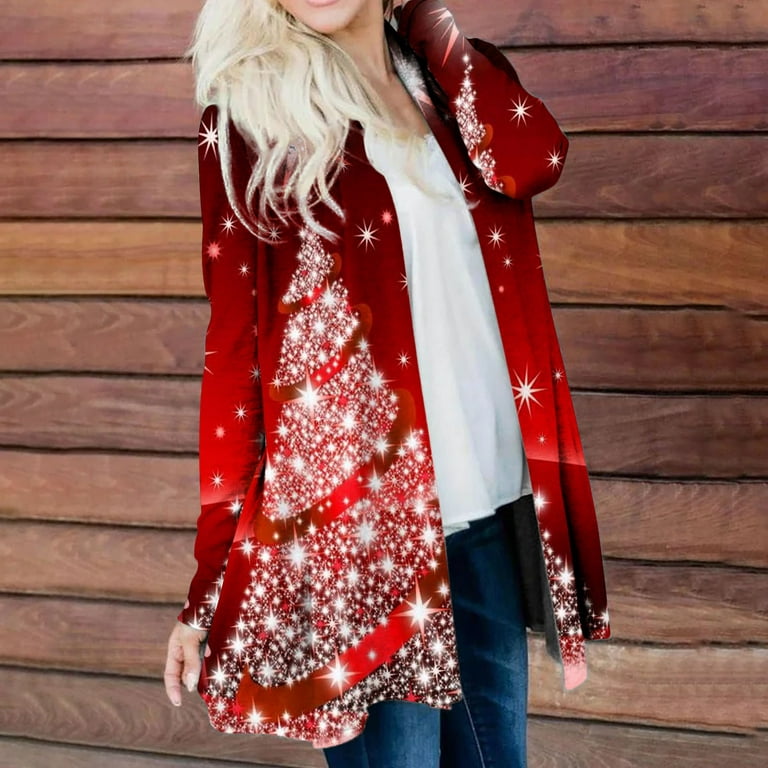 Size Xmas Open Red Printed Christmas Tree Plus Sweater Knitting Holiday Front Cardigan,Women Christmas Plaid Ugly Cardigan Cardigans Vintage Top