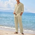 thumbnail image 7 of Men's 2-Piece Casual Vacation Shirt & Pants Set - Solid Color Stand-Up Collar Long Sleeve Button Shirt with Pockets, Drawstring Pants, 7 of 7