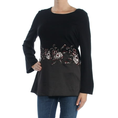 - ALFANI Womens Black Embroidered Felt Bell Sleeve Jewel Neck Empire Waist Empire Waist Top Size: M