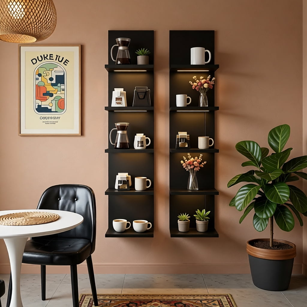5 Tier Wall Shelves with Light, Vertical Column Shelf Floating Storage Home Decor Organizer Tall Tower Design Utility Shelf (Black)