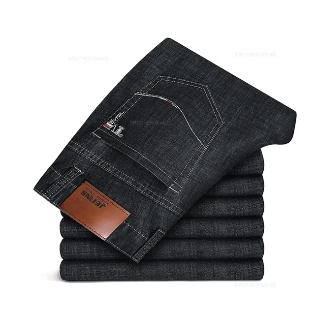 Pantalones vaqueros rectos finos de verano para hombre, pantalones vaqueros holgados informales elásticos en negro y azul, pantalones de marca para hombre