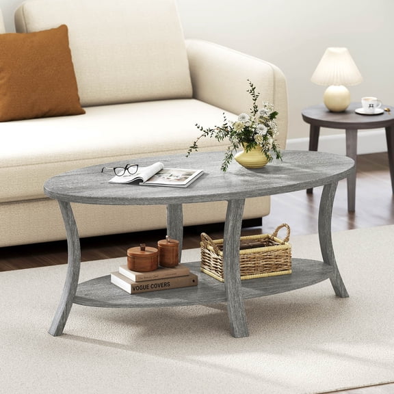 LYYHTY 2-Tier Oval Coffee Table, Rubber Wood Center Table with Storage Shelf, Living Room Tea Table, Gray, Rustic Farmhouse Style