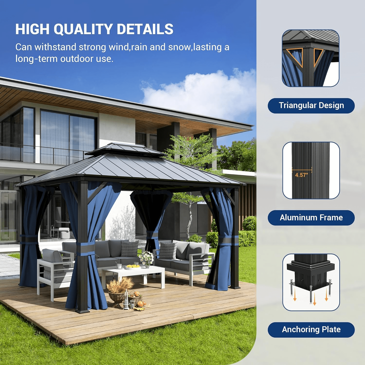 ELPOSUN Outdoor Living 12’ X 14’ Hardtop Gazebo Canopy with Netting & Curtains, Outdoor Aluminum Gazebo with Galvanized Steel Double Roof for Patio Lawn and Garden, Blue