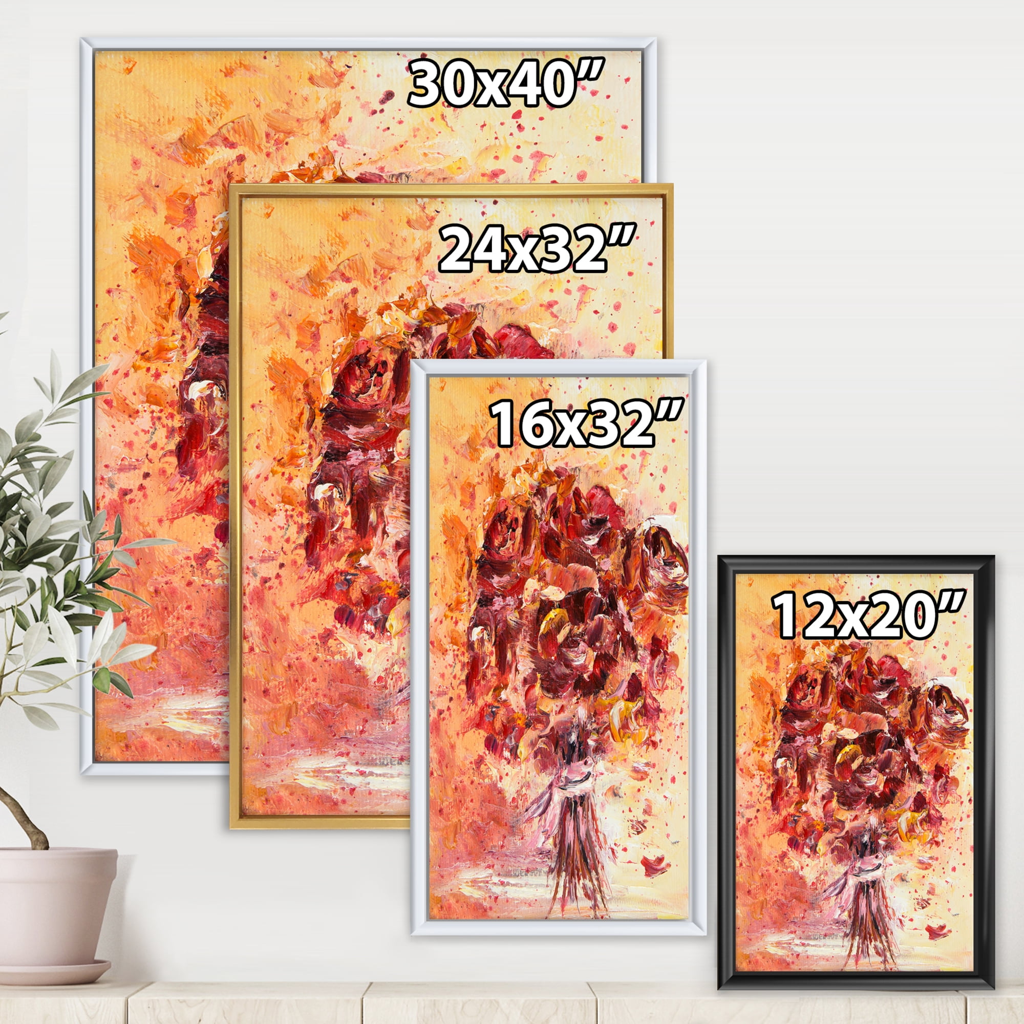 Designart 'Ancient Red Fresh Flowers Bouquet' Traditional Framed Canvas Wall Art Print