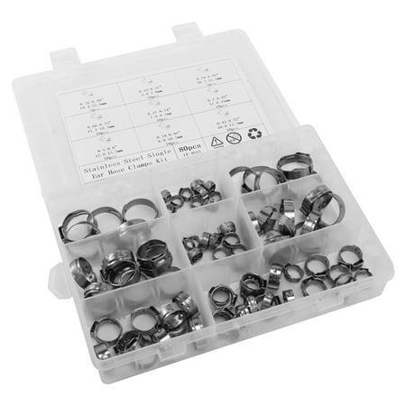

Stainless Steel Single Ear Hose 80Pcs 6-23.6mm Crimp Hose Assortment Kit Ear Stepless Cinch Rings Crimp Pinch Fitting (1/4 Inch - 15/16 Inch)