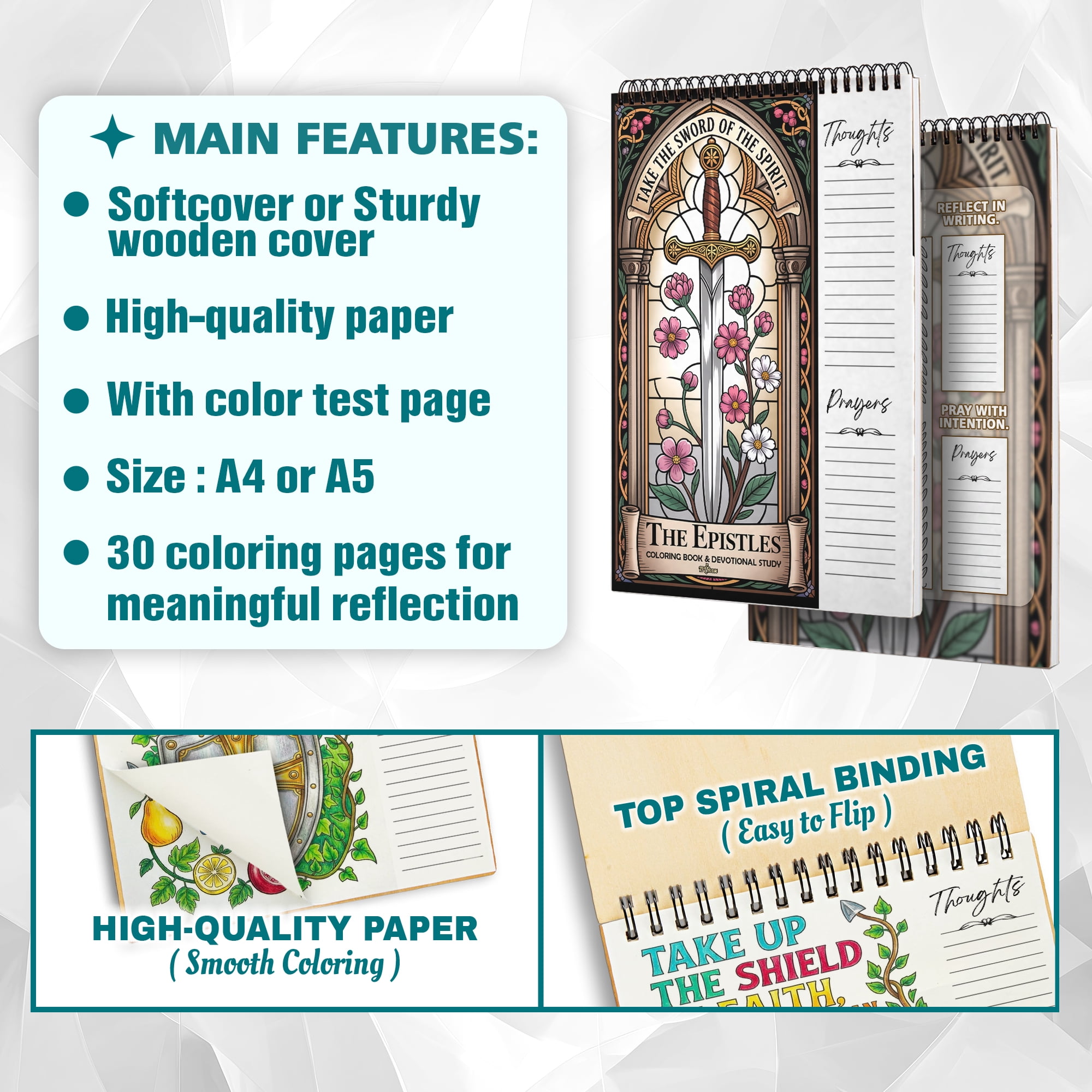 The Epistles Coloring Book for Adults, 30 Minimalist Scripture Art Pages with Reflection & Prayer Space, Spiral Bound, A4 or A5 Softcover or Wood Cover