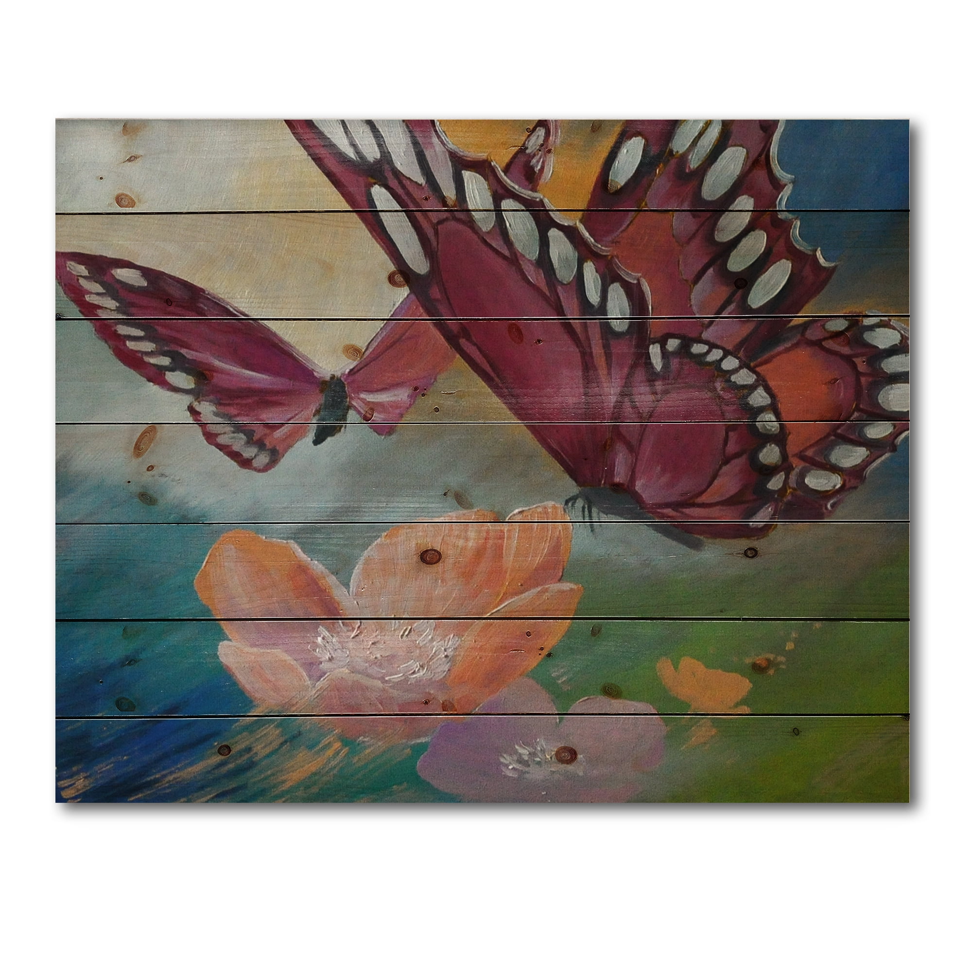 Designart 'Butterflies On Pink Flowers' Traditional Print on Natural Pine Wood
