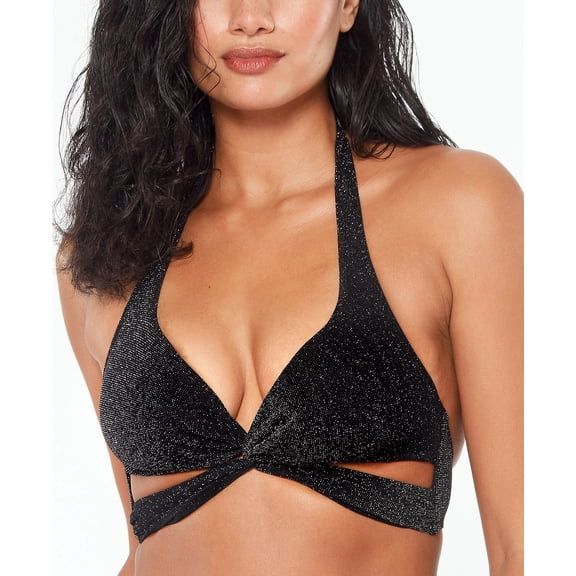 Bar III Women's Swimwear Top Large Shimmer Twist-Halter Black L