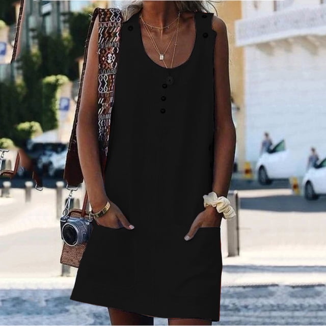 SMihono Robe d'Été Grande Taille pour Femmes 2023 Été Confortable Décontractée Sans Manches Col Rond avec Boutons et Poches Robe Courte
