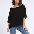 thumbnail image 2 of T-Shirt Court en Lin Uni à Manches 3/4 Col Rond Décontracté pour Femmes Grandes Tailles, 2 of 6