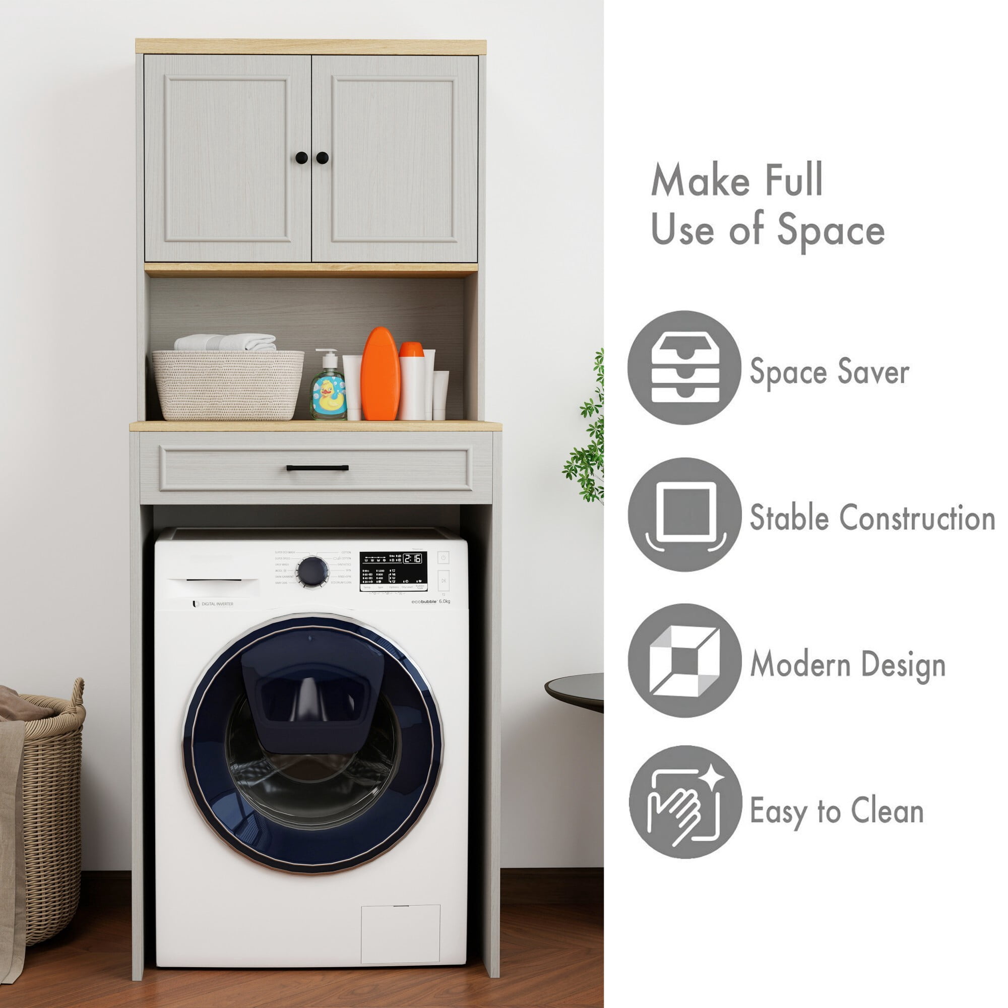 AENKYO Over-The-Washer Cabinet, Laundry Storage with Adjustable Shelf, Organizer for Compact Washers, Antique White
