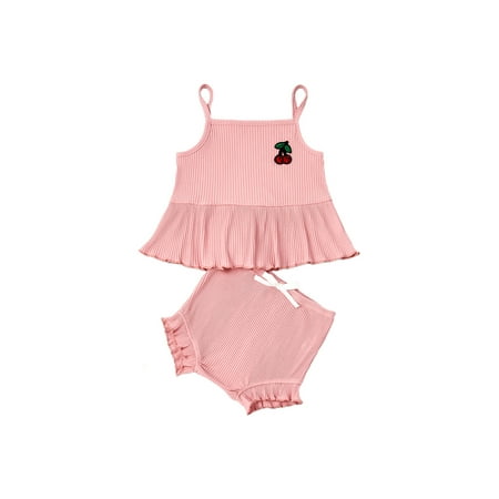 

Shakub Kids Baby Girls Ruffle Outfits Cherry Embroidery Sling T Shirt Tank Tops + Shorts Casual Cute 2Pcs/Set