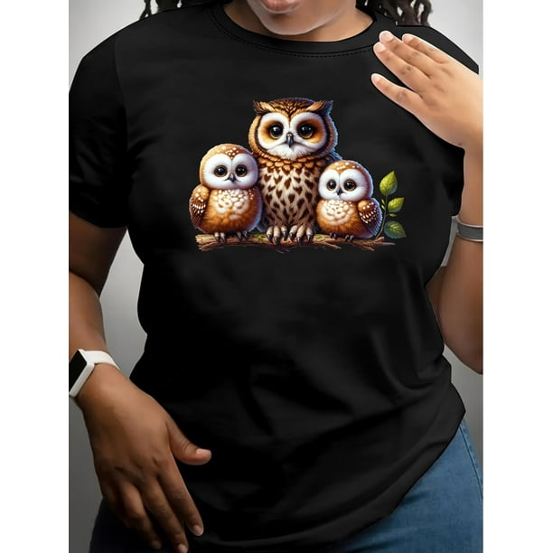 Women's Casual Summer T-Shirt With Owl Print, Round Neck, Short Sleeves, Fashion Comfort Fit Top