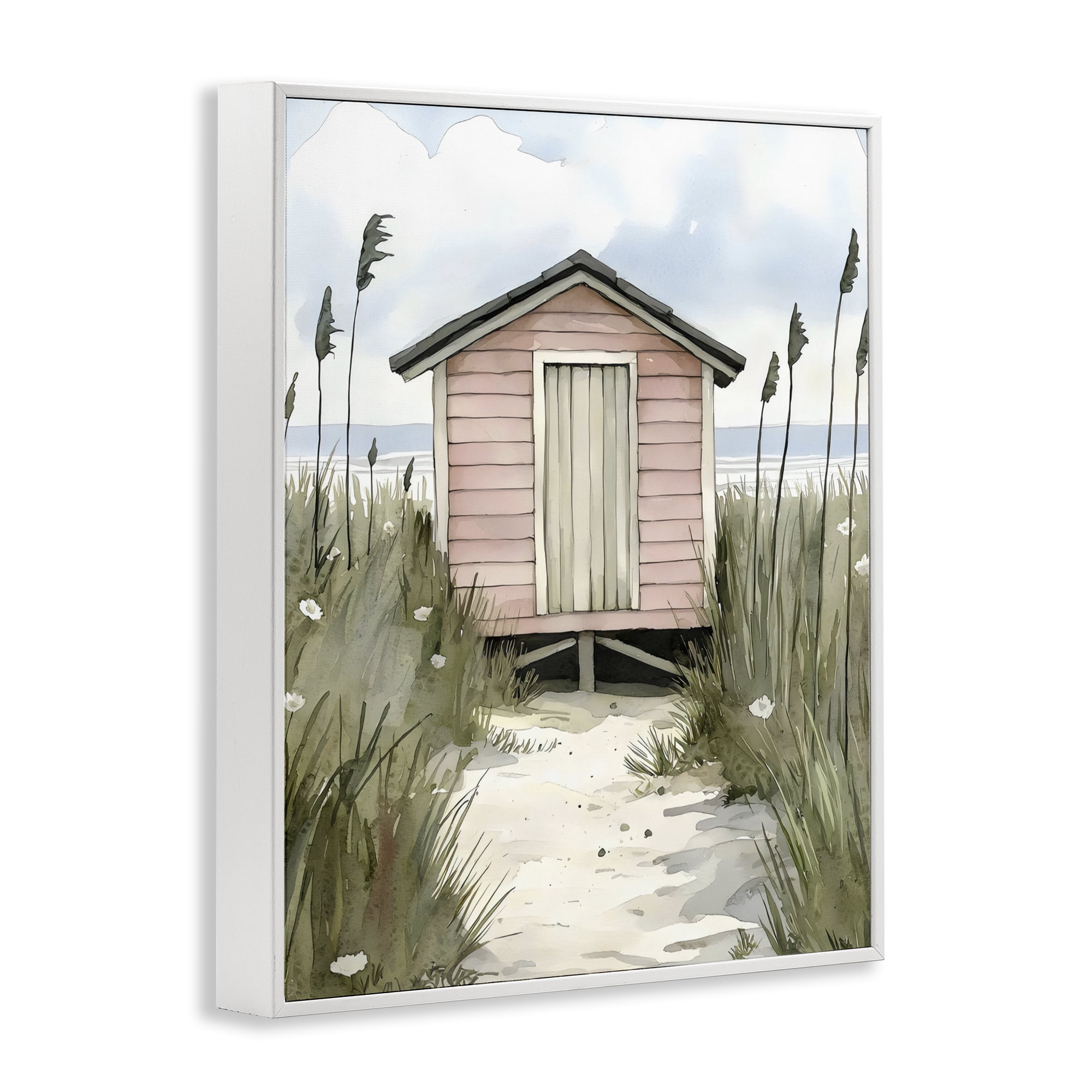 Stupell Industries Coastal Calm Pink Beach Hut White Framed Giclee Art, design by Riley B