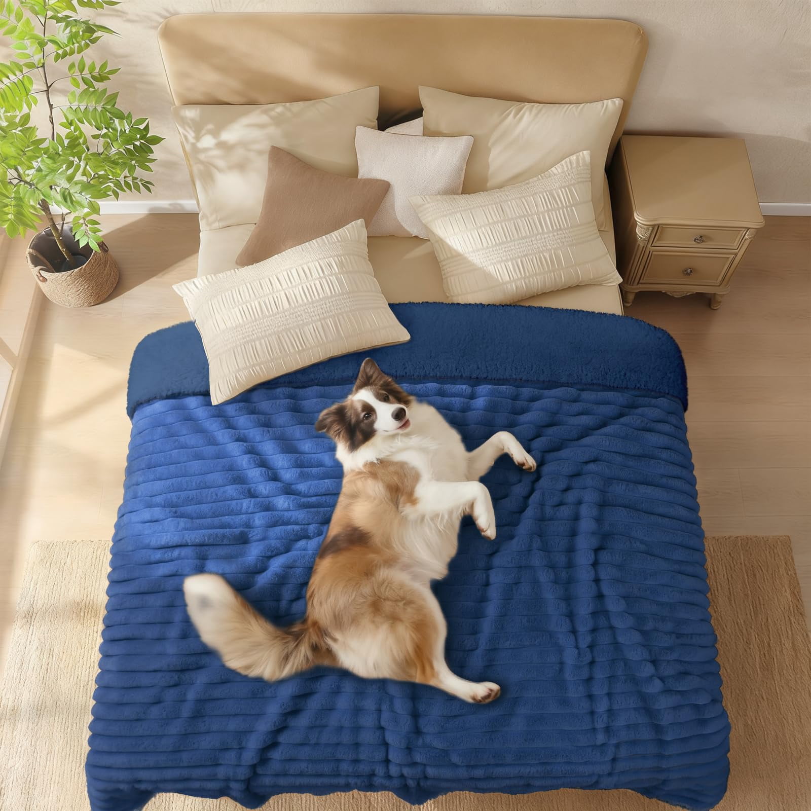 Waterproof Dog Blanket For Medium Large Dogs Ultra-soft Calming Cut Pile Flannel Throw Durable & Warm Furniture Protection Couch Car Pet Machine Washable Deep Navy M(57''x40'')
