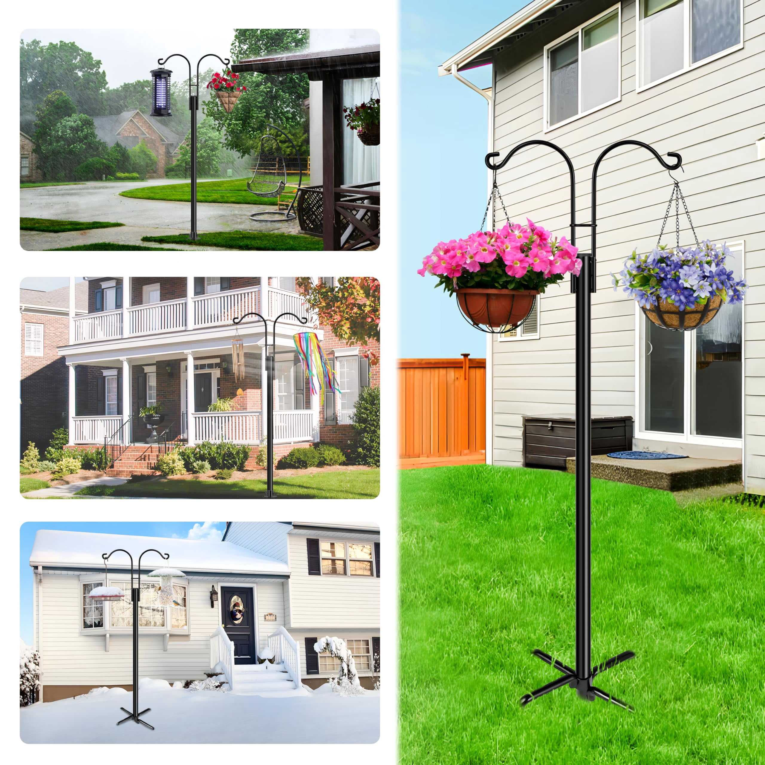 Double Shepherds Hooks For Outdoor  2-pack Heavy Duty Garden Pole Hanging Bird Feeder Plant Baskets Solar Light Lanterns Hanger Stands With 5 Base Prongs