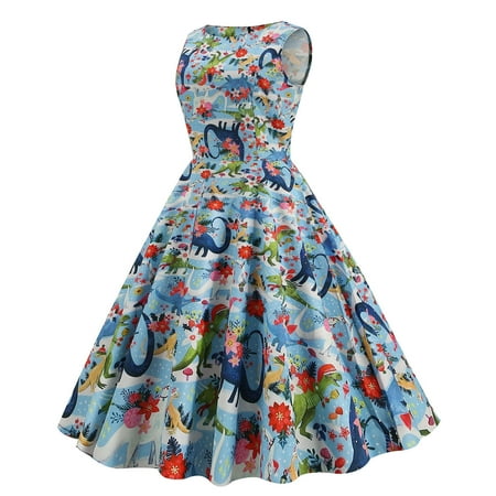

MENRKOO Dresses for Women 2022 Women s Summer Trendy Sleeveless Round Neck Corset Vintage Print Party Swing Big Hem Skirt Dress Blue L-
