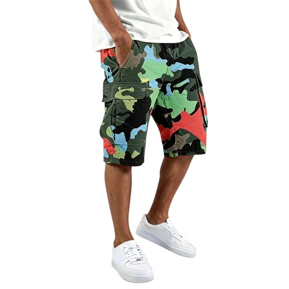 Fabrcox Camo Men's Cargo Pants Elastic Waist Capri Pants Men Breathable Outdoor Activities Hiking Mens Work Pant with 4 Pockets Green XXL