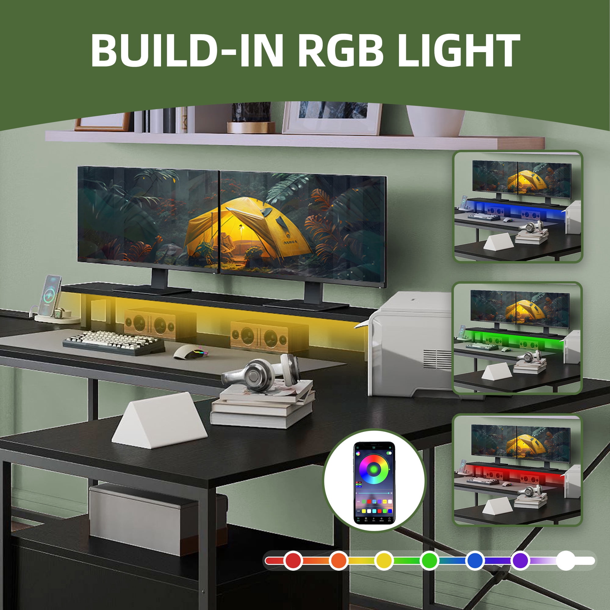 Uforic U Shaped Computer Desk with Power Outlets and LED Lights, Reversible L Shape Desk for Home Office, Black