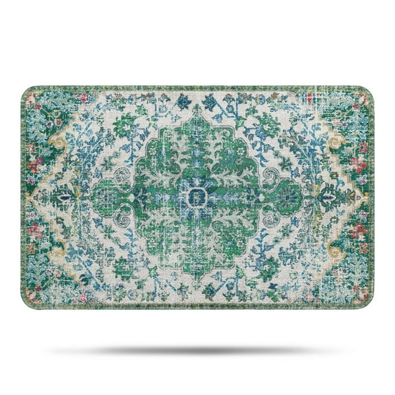Boho Bathroom Rug, Vintage Distressed Kitchen Mat, Non-Slip Oriental Entryway Door Mat Low-Pile Floor Carpet for Bedroom Laundry Bedside, Washable Small Bath Rug 17"x27"Blue-Green