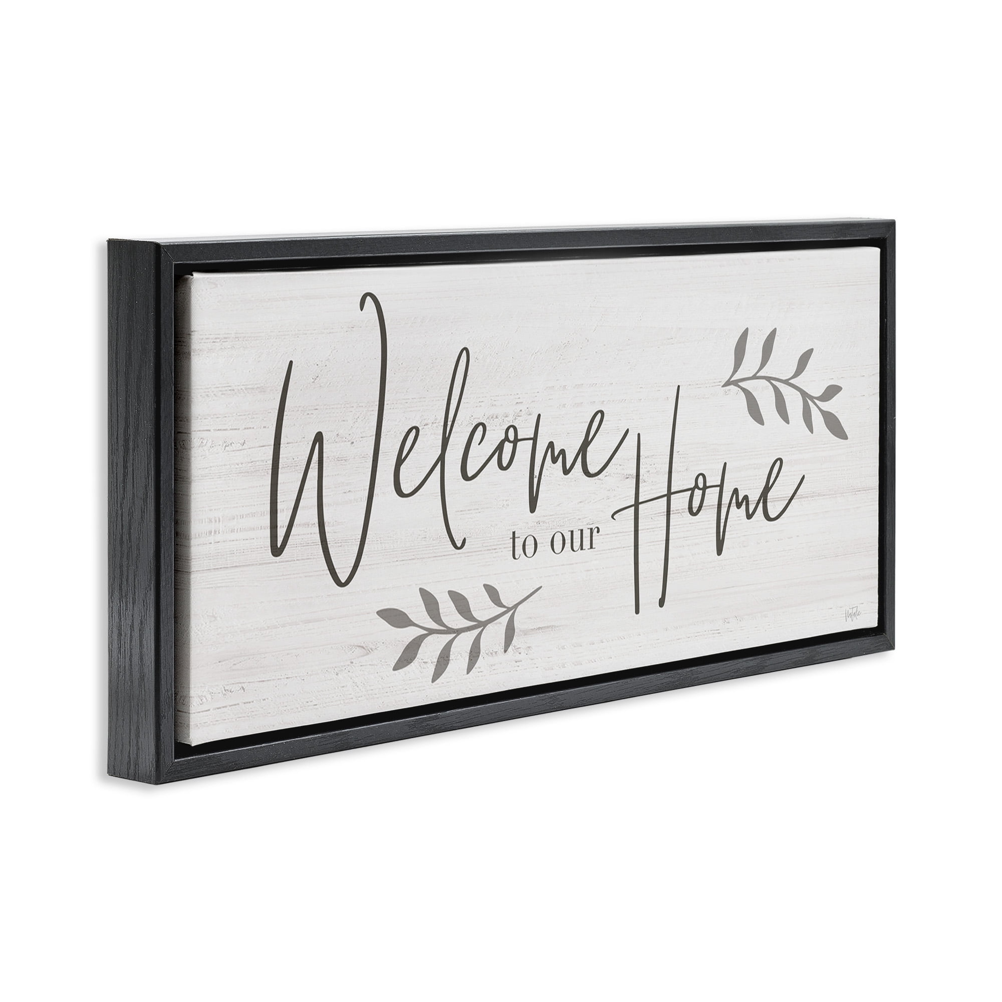 Stupell Industries Welcome To Our Home Country Sign Botanical & Floral Painting Black Floater Framed Canvas Art Print Wall Art, 25 x 11