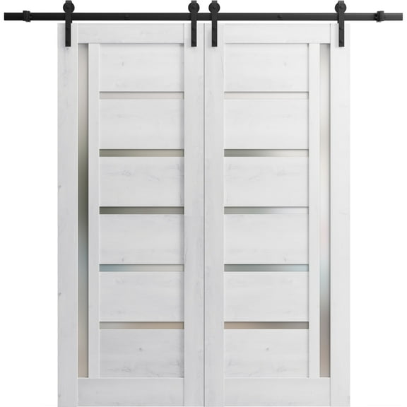 Sturdy Double Barn Door with Frosted Glass | Quadro 4088 Nordic White | 13FT Rail Hangers Heavy Set | Solid Panel Interior Doors-36" x 96" (2* 18x96)-Black Rail
