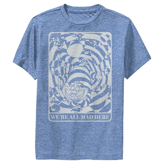 Boy's Alice in Wonderland Cheshire Cat We're All Mad Here Performance Graphic Tee Royal Blue Heather Large