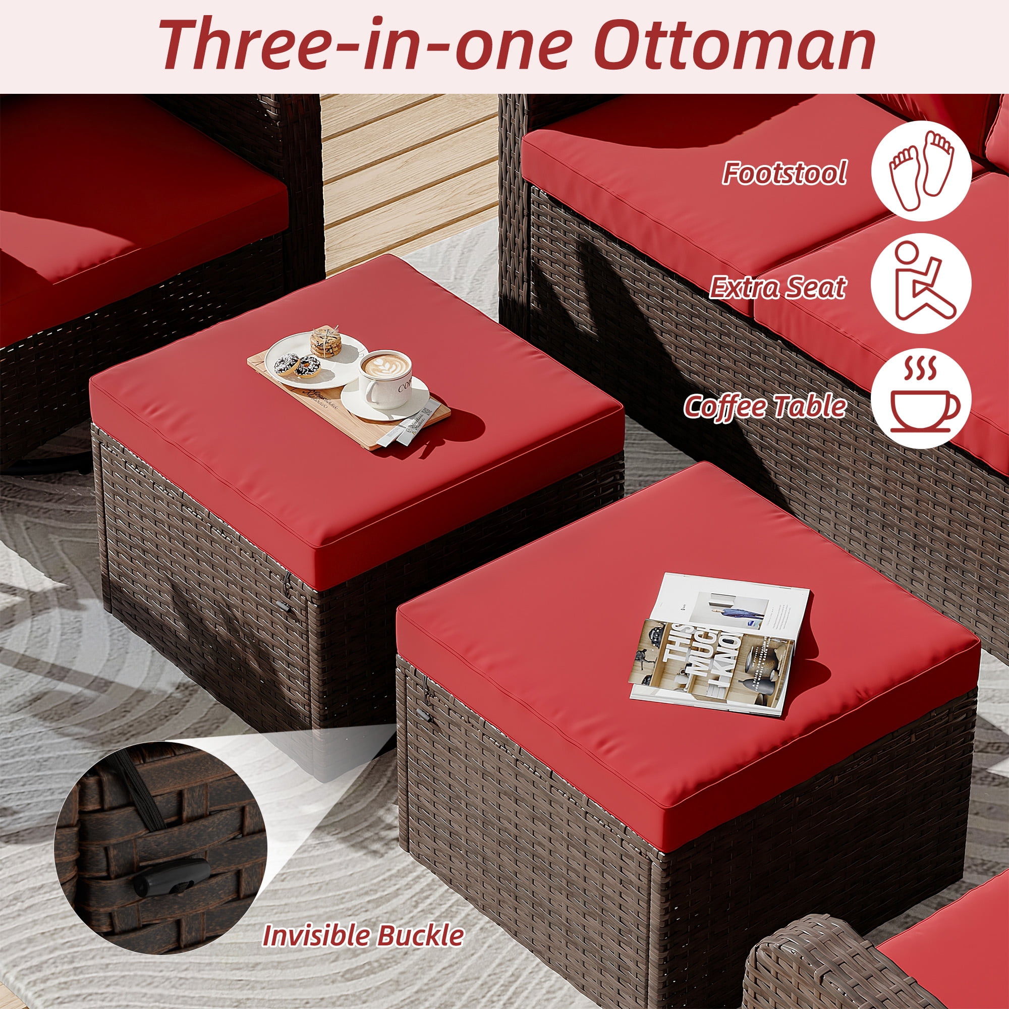 Homrest 4 Piece Wicker Patio Furniture Set, 360 Degree Outdoor Swivel Patio Chairs w/ Coffee Table and 3-Seat Sofa, Small Patio Furniture Set for Garden, Deck and Poolside (Wine Red)