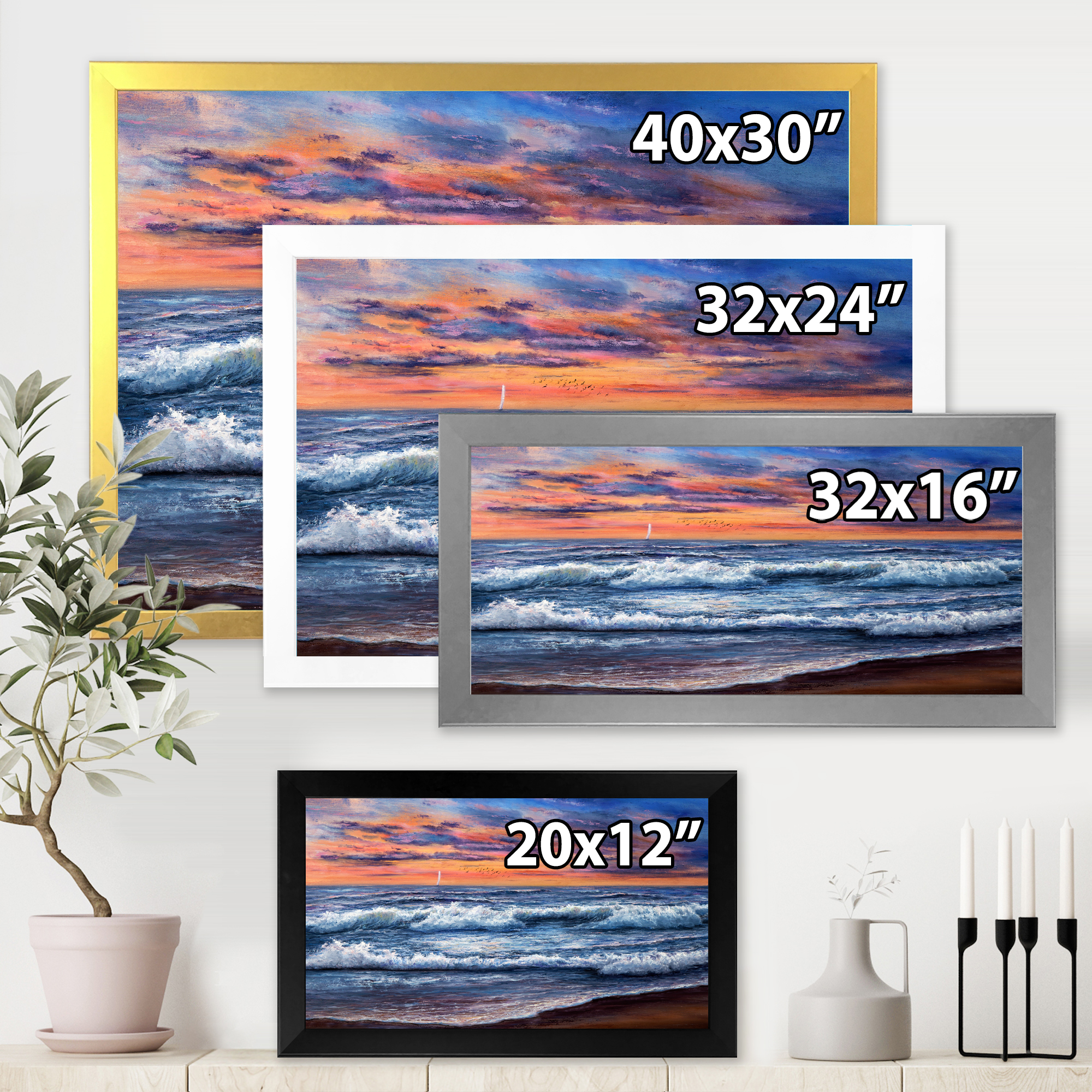 Designart 'The Blue Ocean In Sunset Evening II' Nautical & Coastal Framed Art Print