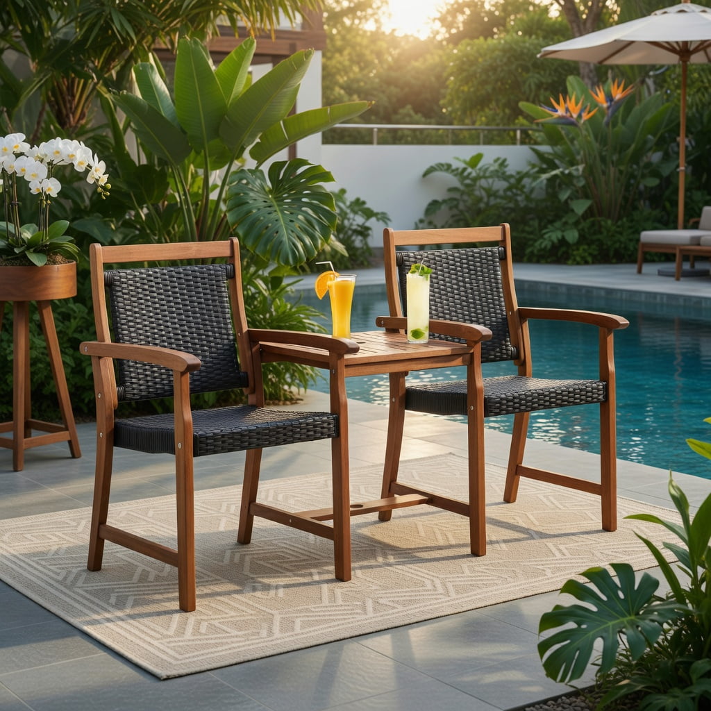 Hommoo 2-Piece Outdoor Patio Seating Set with Acacia Wood Frame & PE Rattan Chairs + Coffee Table, All-Weather Garden Sofa Set for Deck, Backyard, or Balcony, Reddish Brown