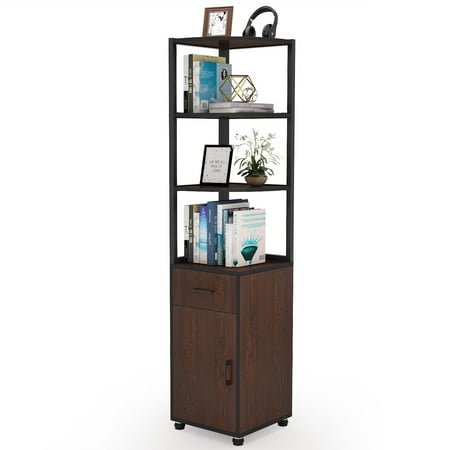 Bathroom Stand Alone Cabinet Tribesigns Corner Storage Cabinet with 3-Tire Shelves and Drawer,Display Bookshelf Rack Stand for Living Room, Study Room and Bathroom ()