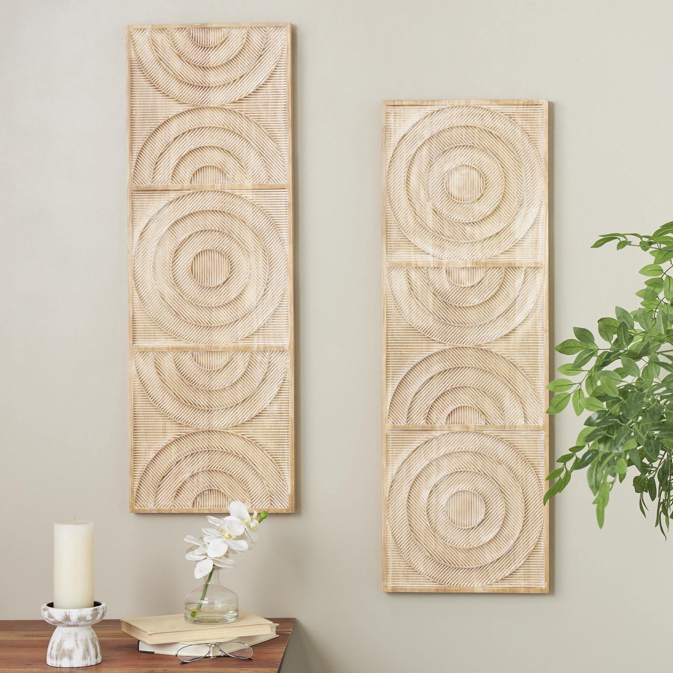 DecMode Light Brown Wood Carved Panel Arch Geometric Wall Decor with White Linear Markings (2 Count)