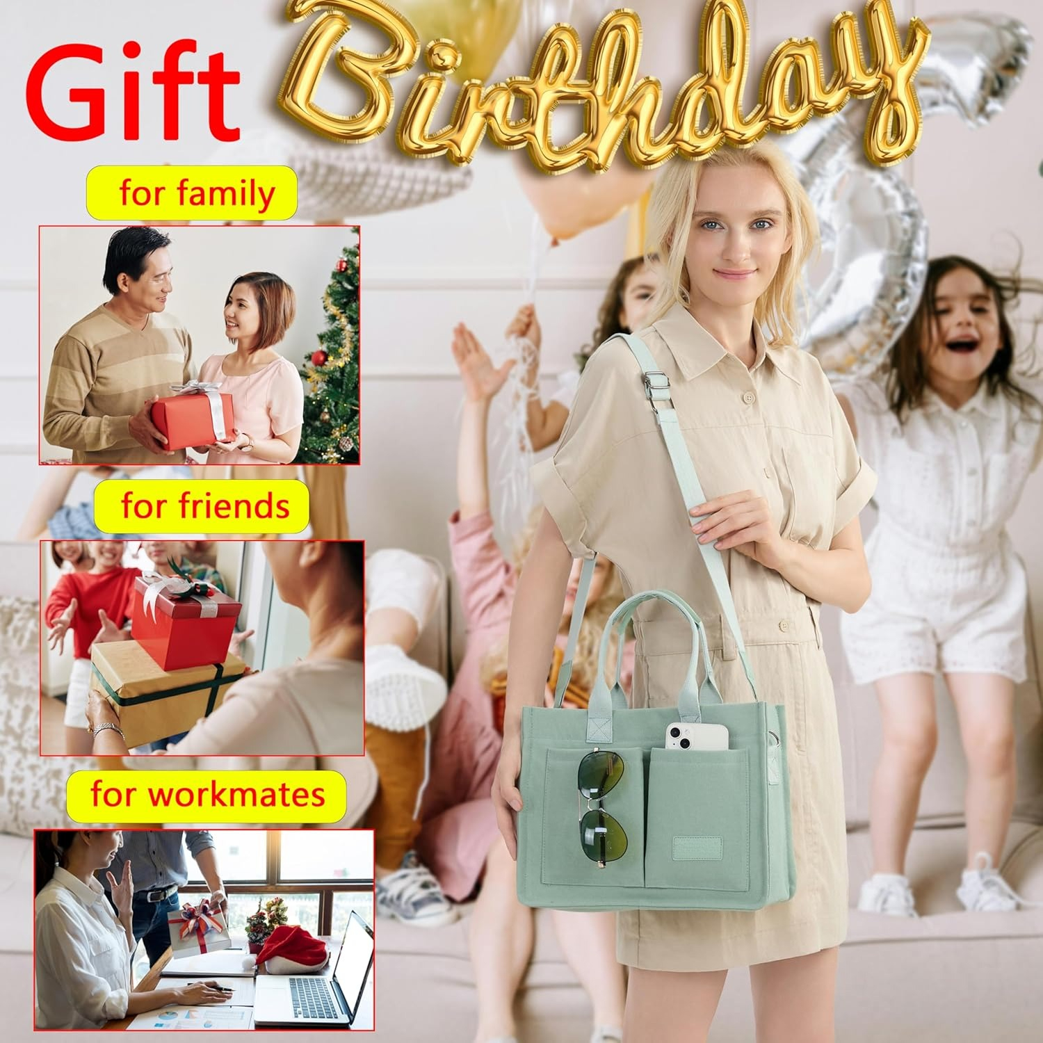 Tote Bag for Women With Compartments,Large Canvas Totes Women's Purse Crossbody Bags Work Laptop Book Bag Shoulder Handbags Green