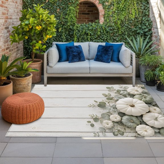 Outdoor Rug, Thanksgiving White Pumpkins Indoor Area Rug Outdoor Carpet RV Camping Rugs 4x6ft Green Eucalyptus Leaves Outside Mat for Patio Picnic Porch Deck Balcony Backyard