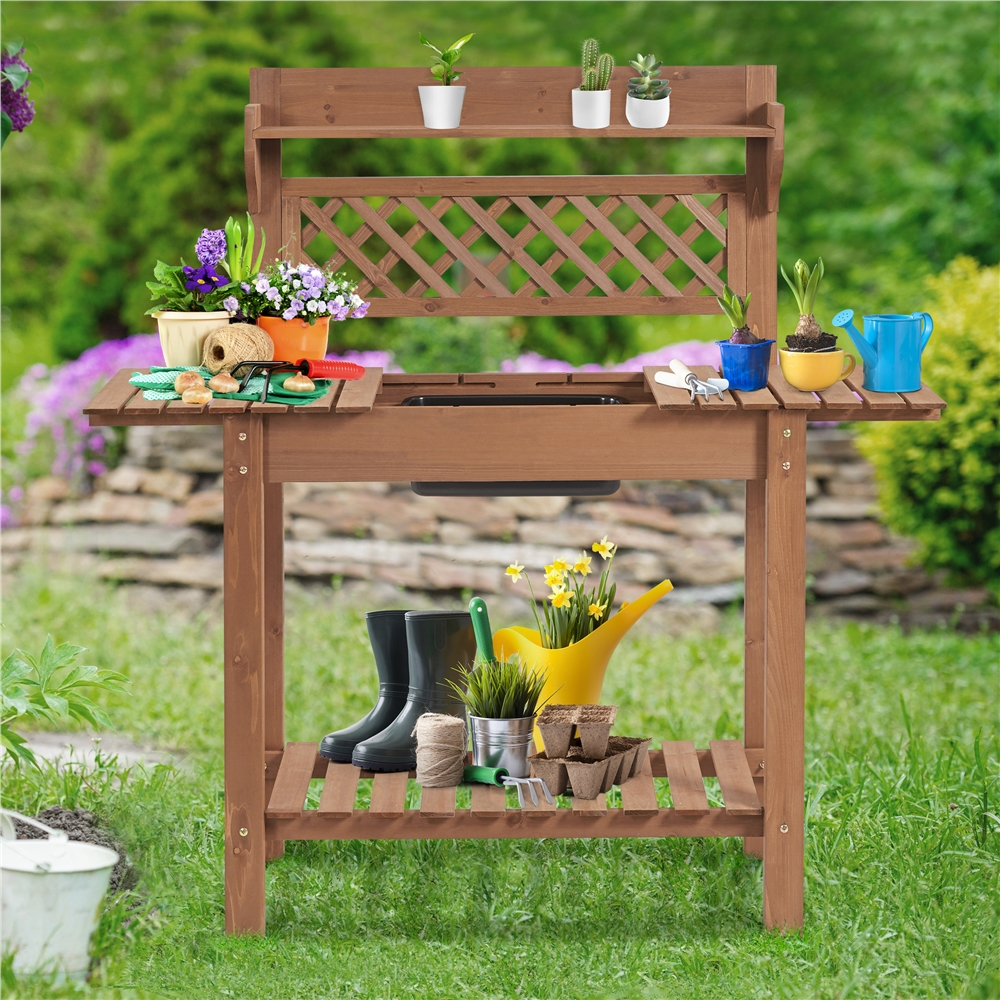 Renwick Rolling Garden Potting Bench with Sliding Tabletop & Open Storage Shelf, Brown