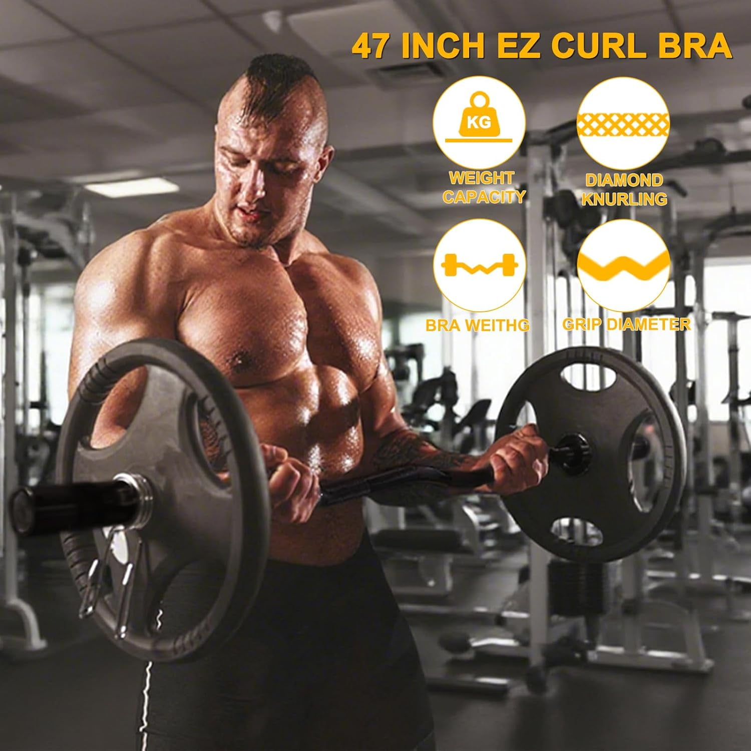 EZ Curl Bar 47 Inch Olympic, Curved Barbell for Home Gym, 2-Inch Plate Compatible, Chrome Curling Bar with Bearings for Biceps Triceps Workout
