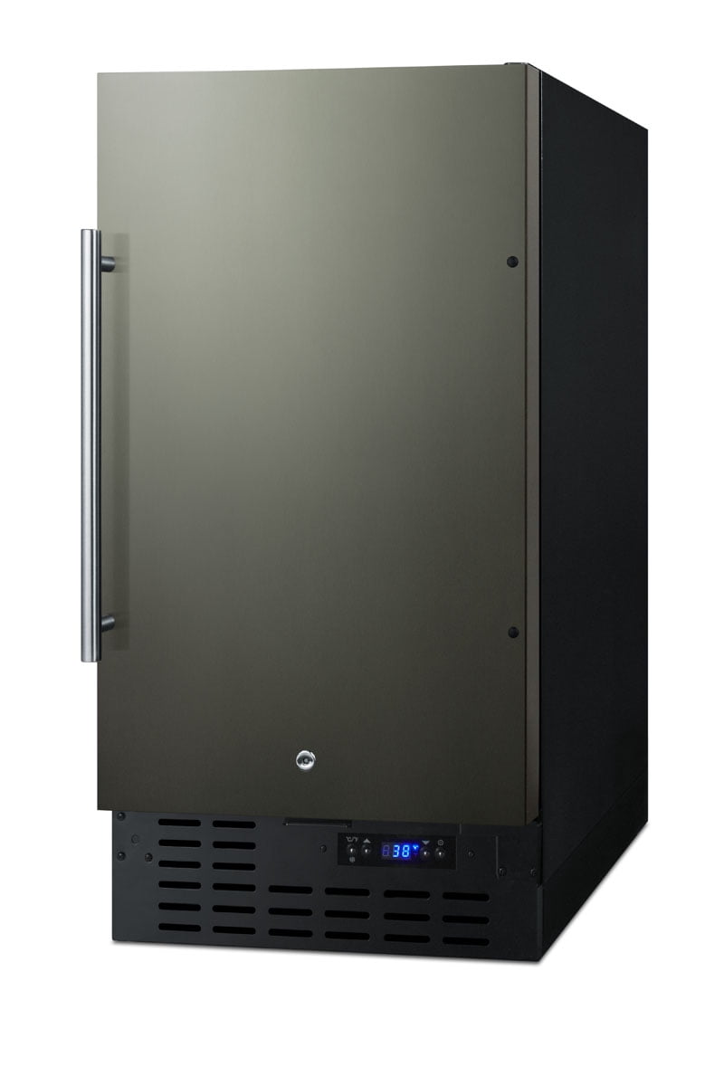 18" wide ADA compliant built-in undercounter all-refrigerator with a black stainless steel door, black cabinet, digital thermostat and front lock