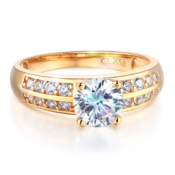 Wellingsale Ladies Solid 14k Yellow Gold Polished CZ Cubic Zirconia Round Cut Engagement Ring with Side Stones - Size 4