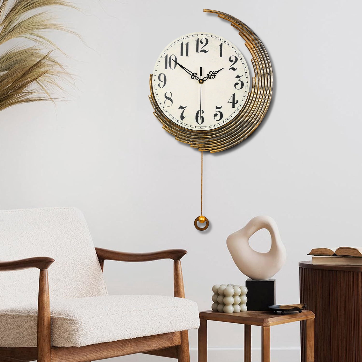 Crescent-Shaped Vintage Distressed Luxury Wall Clock – Retro Pendulum Decorative Clock
