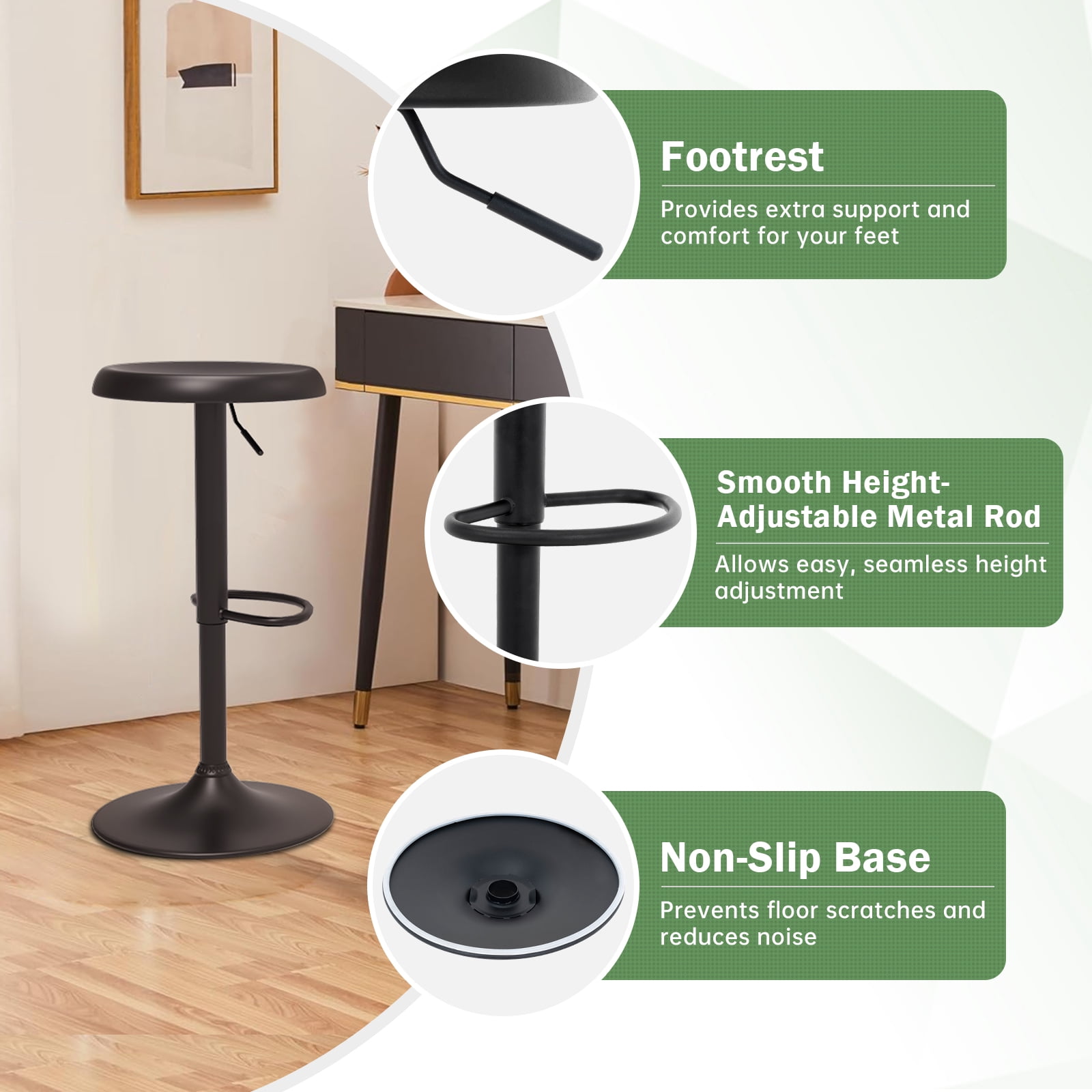 Metal Bar Stools, Counter Height Adjustable Barstools, Backless 360° Swivel Kitchen Stools for Island, Dining, Bistro, Pub (Black)