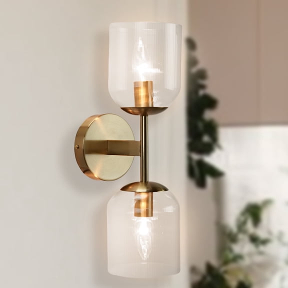 Contemporary Antique Brass Vanity Light, 13 Inch Indoor Sconce with Glass Shade, Double Wall Light beside Mirror, for Bathroom, Living Room, Entryway, Hallway