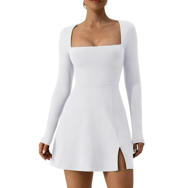 SUNSIOM Femmes Printemps Été Robe Courte Couleur Unie Manches Longues Col Carré Fendue Ourlet Partie Robe